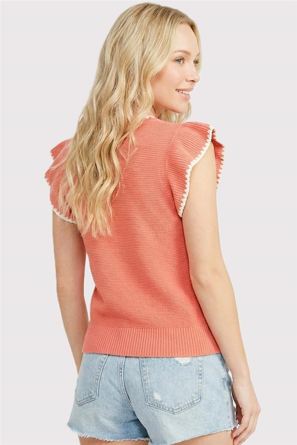 Blanket Stitch Ruffle Short Sleeve Top-Papaya