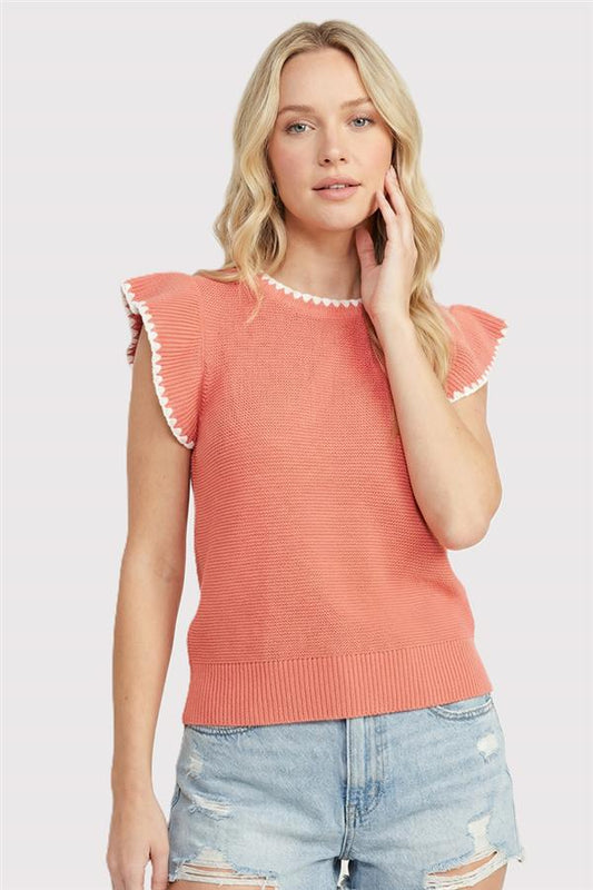 Blanket Stitch Ruffle Short Sleeve Top-Papaya