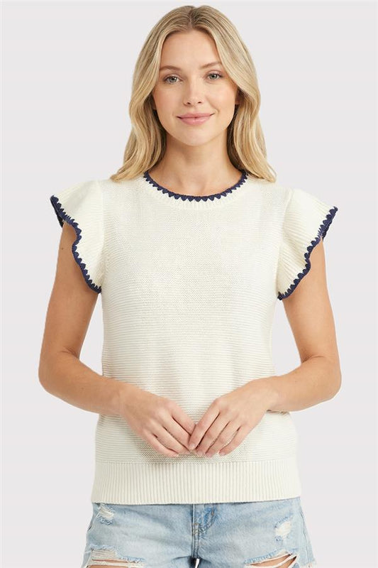 Blanket Stitch Ruffle Short Sleeve Top-Off White