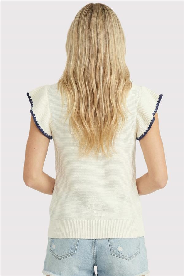 Blanket Stitch Ruffle Short Sleeve Top-Off White