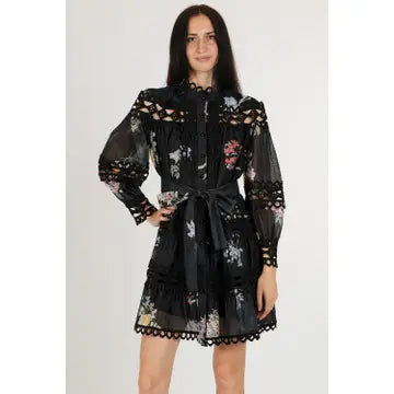 Floral Print Cutout Lace Detail A-Line Mini Dress