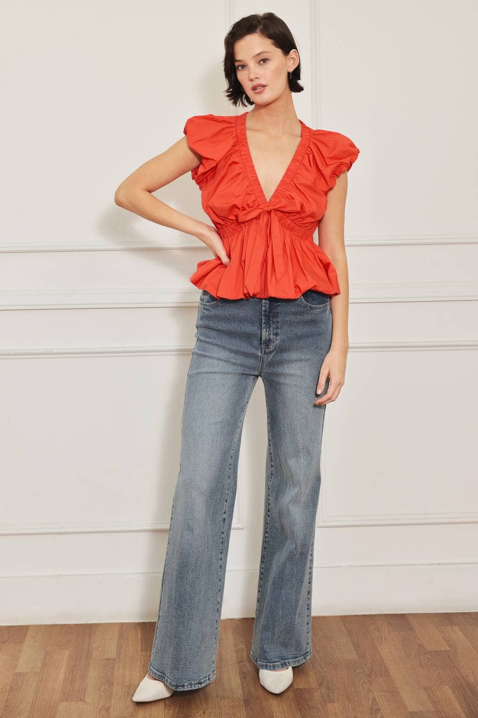 Woven Top Bubble Sleeve & Hem-Orange
