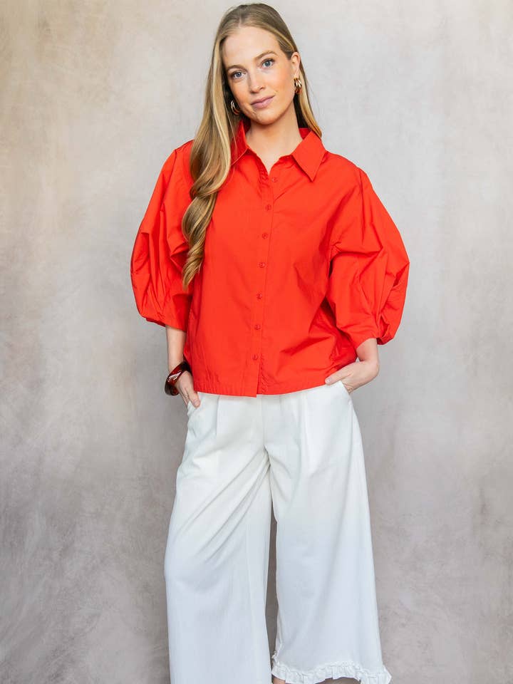 Poplin Bishop Sleeve Button Up Shirt