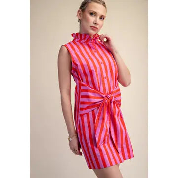 Ruffle Neck Strip Tie Detail Dress