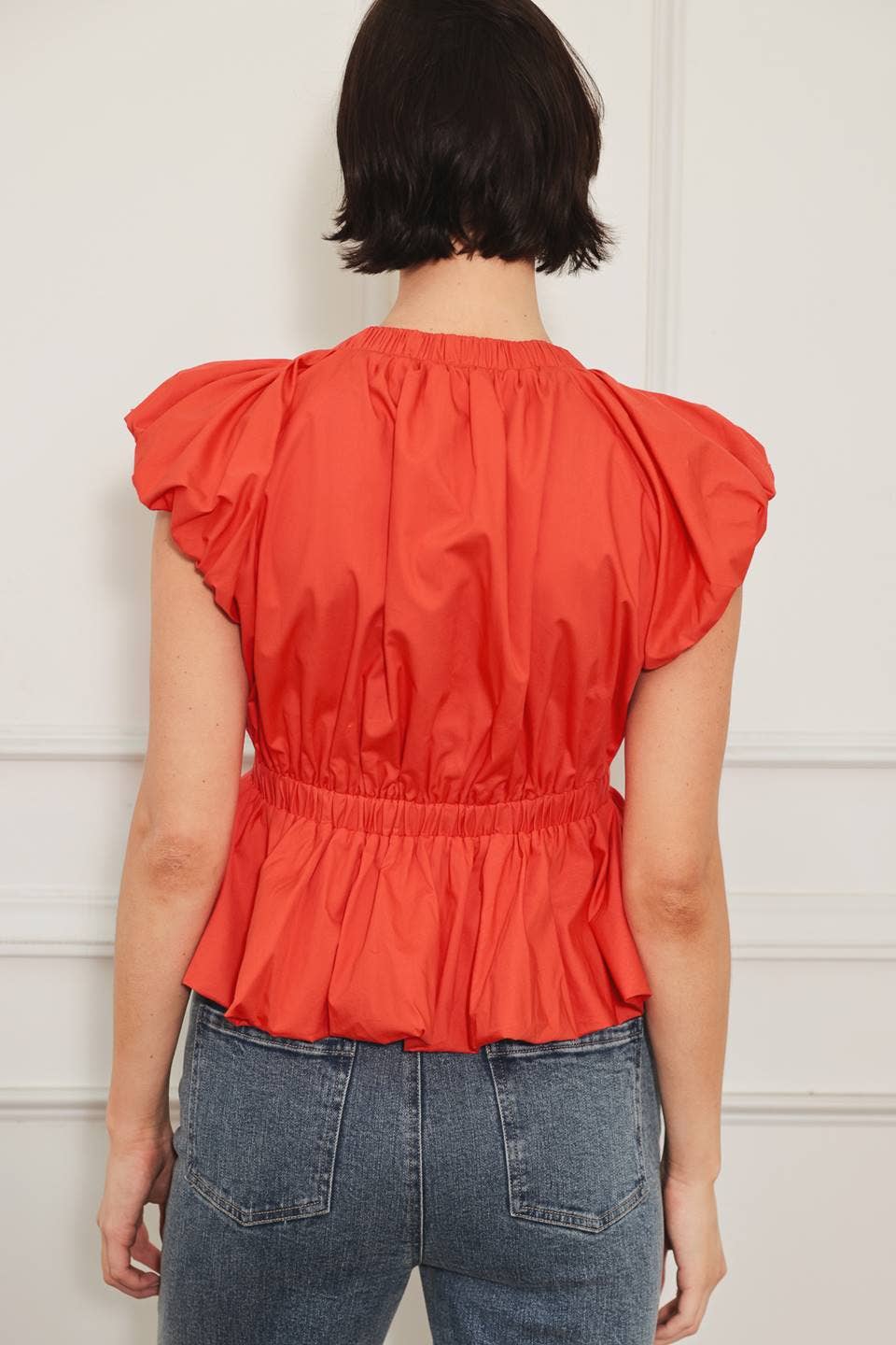 Woven Top Bubble Sleeve & Hem-Orange