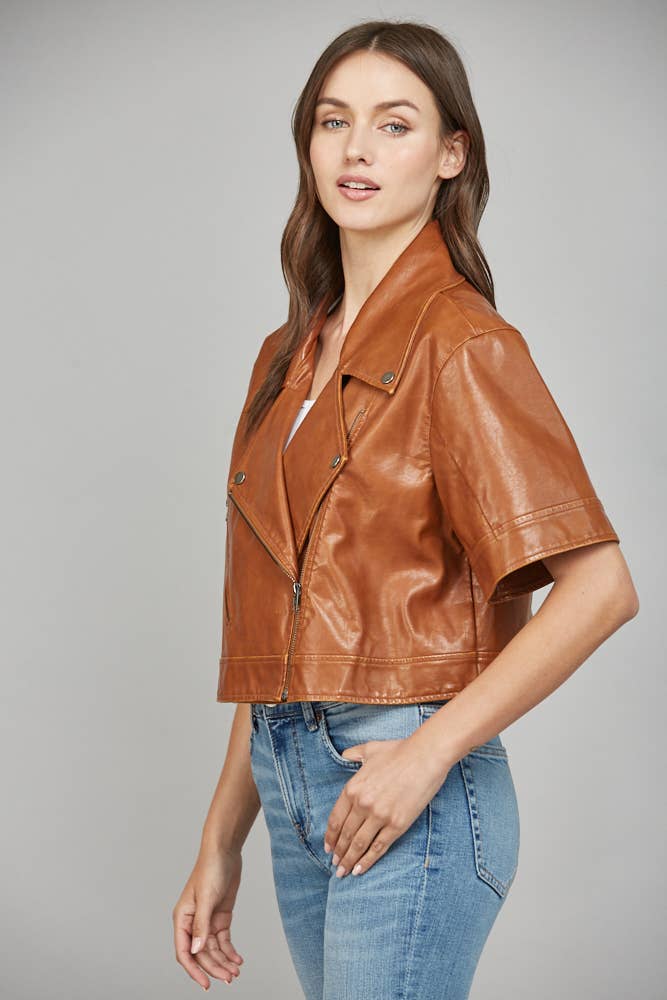 Notch Lapel Collar Short SLV Faux Leather Jacket