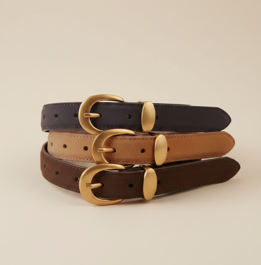 Suede Belt with Curved Gold Buckle Caramel / Small