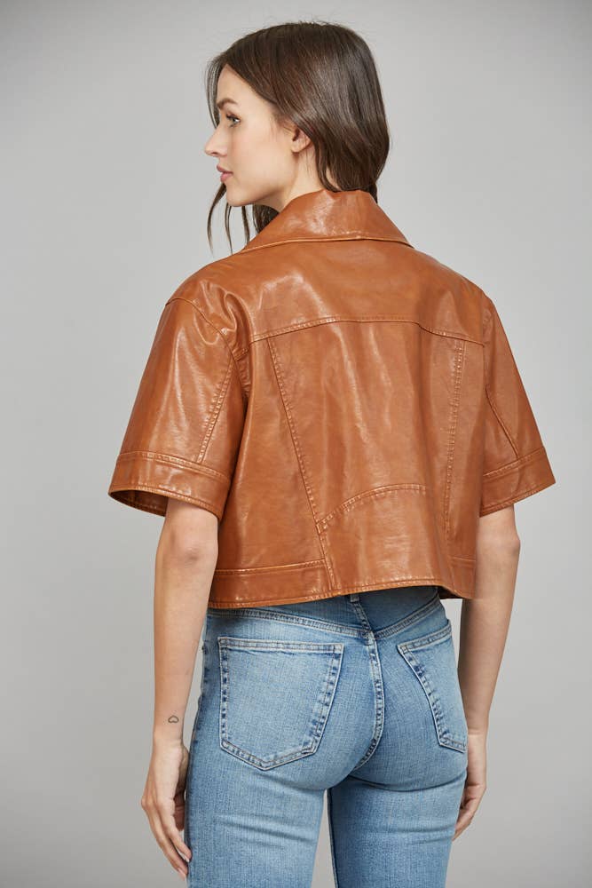 Notch Lapel Collar Short SLV Faux Leather Jacket