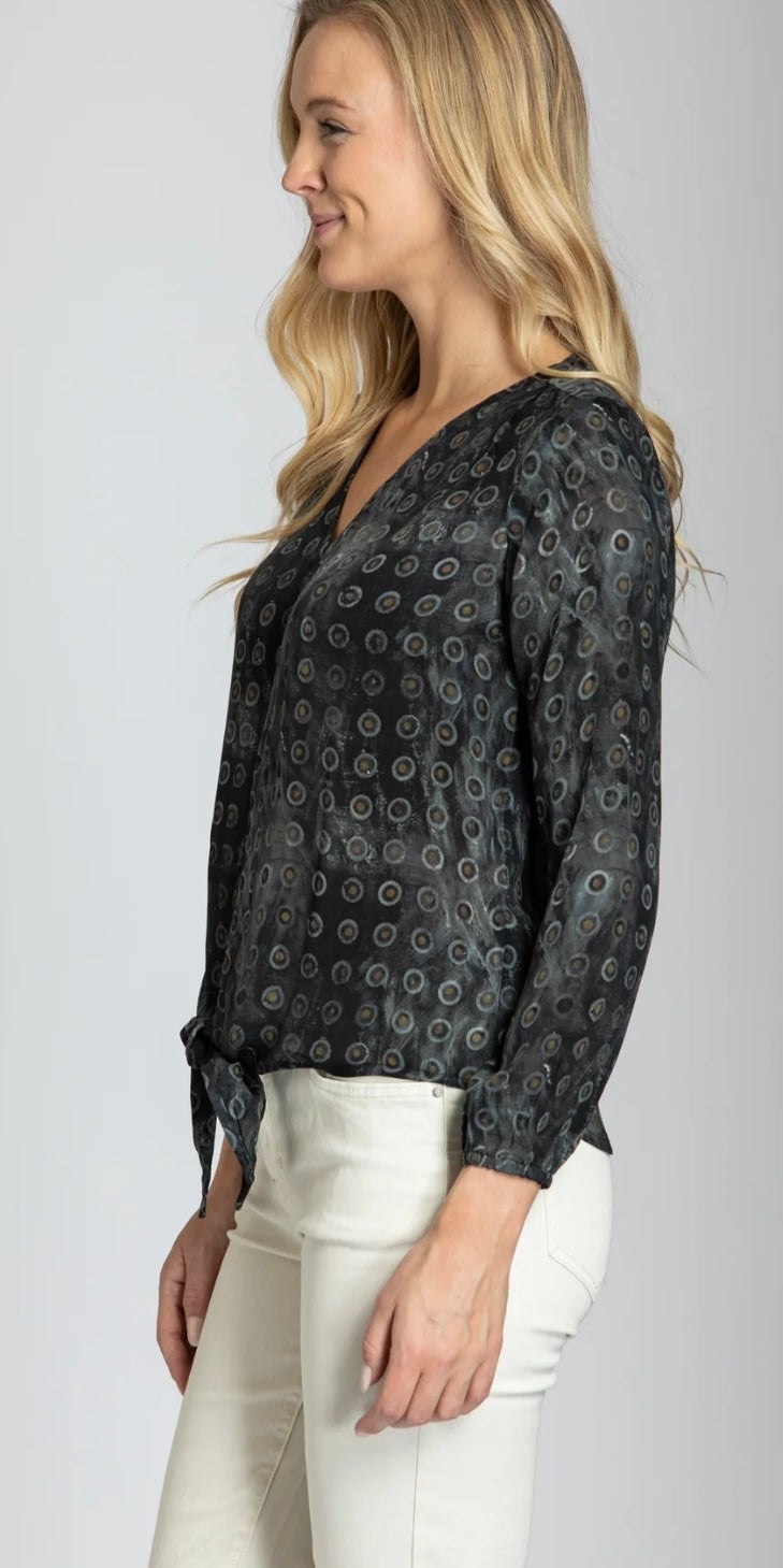 Double Dot Print - V-neck Tie Front Top
