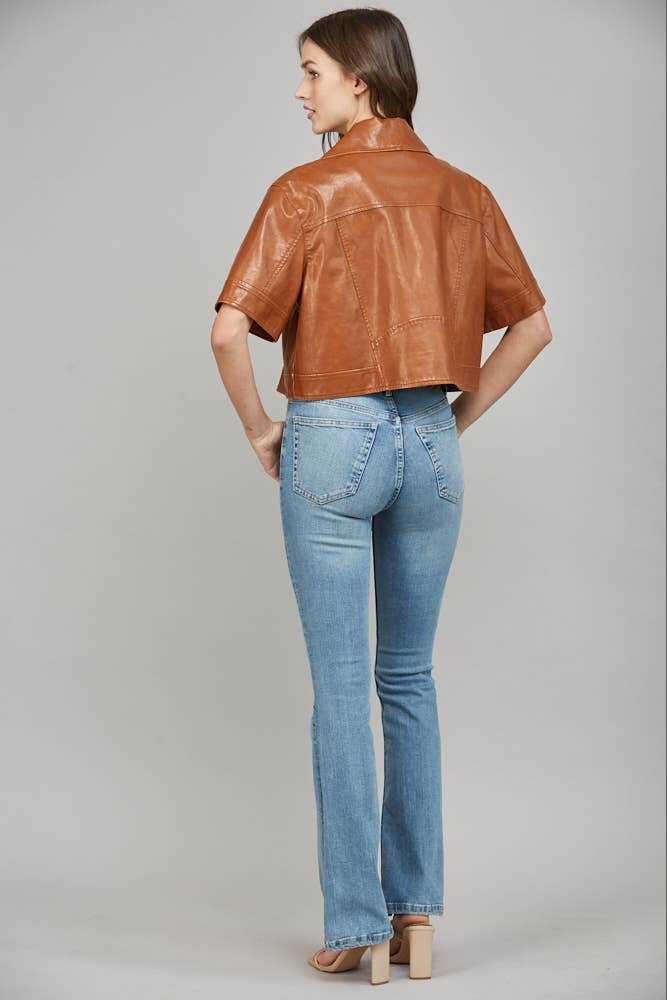Notch Lapel Collar Short SLV Faux Leather Jacket