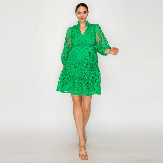 3/4 Sleeve V-Neck Lace Dress-Green