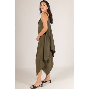Textured Satin V-Neck Sharkbite Hem Dress