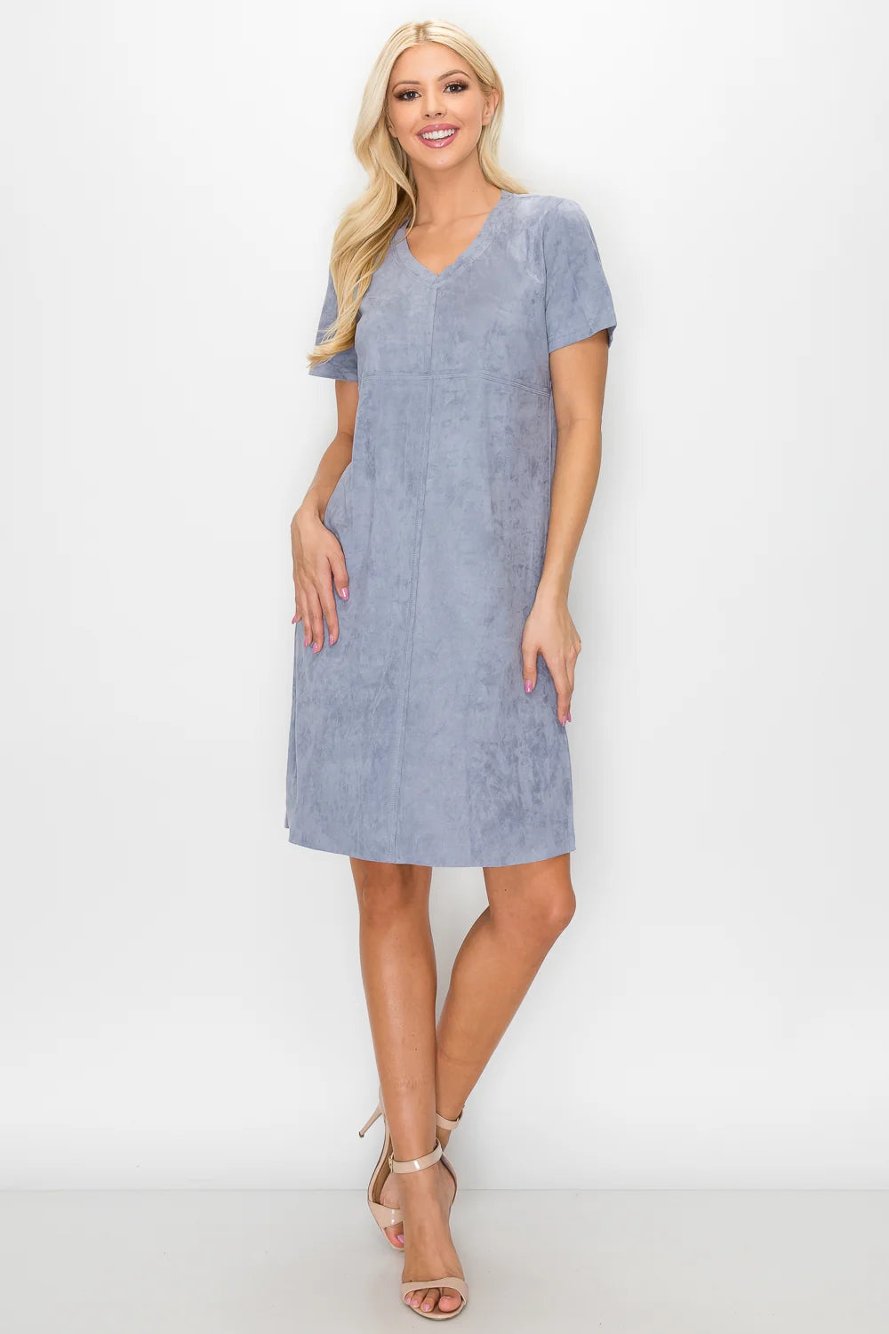 V- Neck Short Sleeve Faux Suede Dress