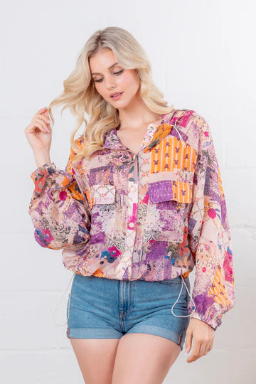 Patchwork L/S Light weight snap up Jacket