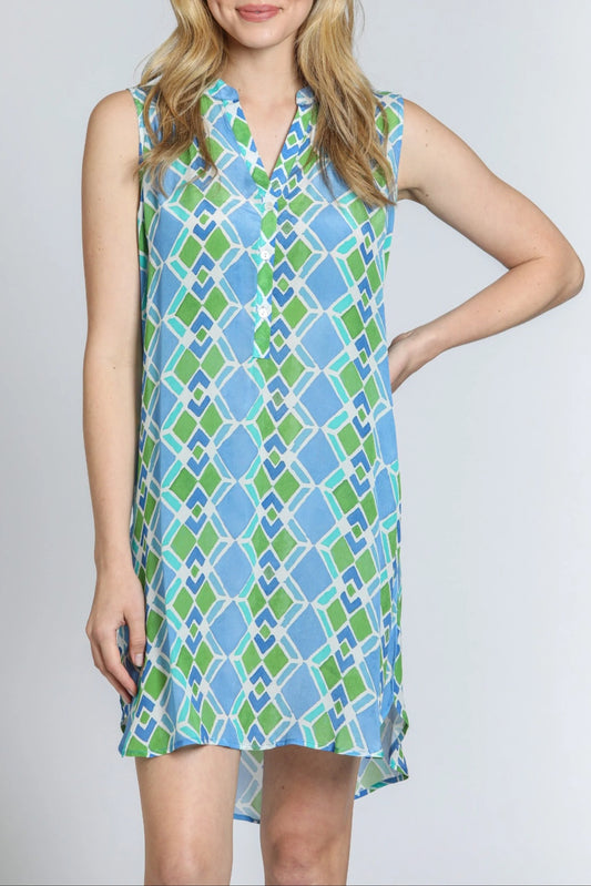 Sleeveless 1/2 Button-up Dress Blue/Green Multi
