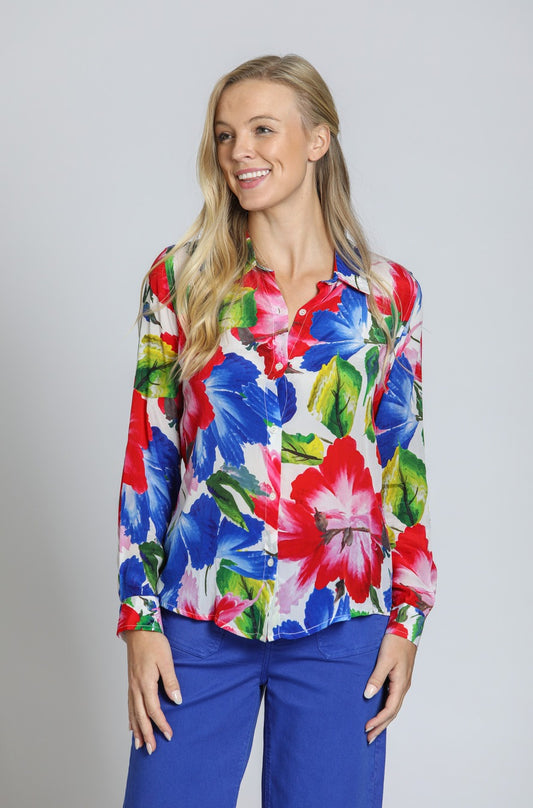 Button-up w/Rollup Sleeve Red Multi