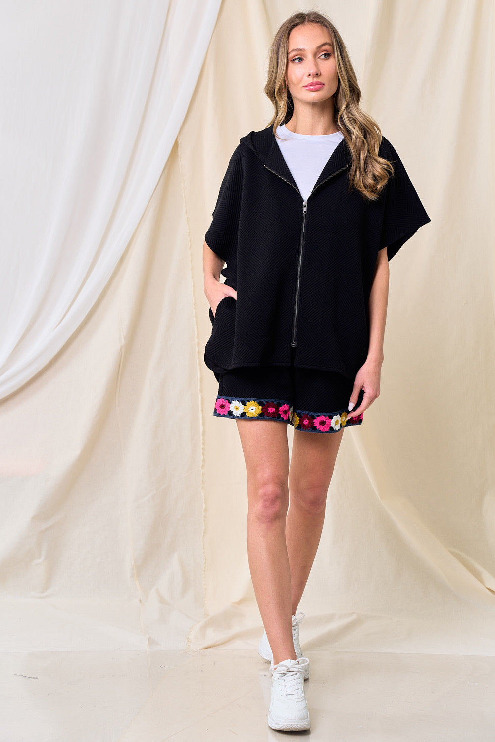 Black Textured Hooded Top