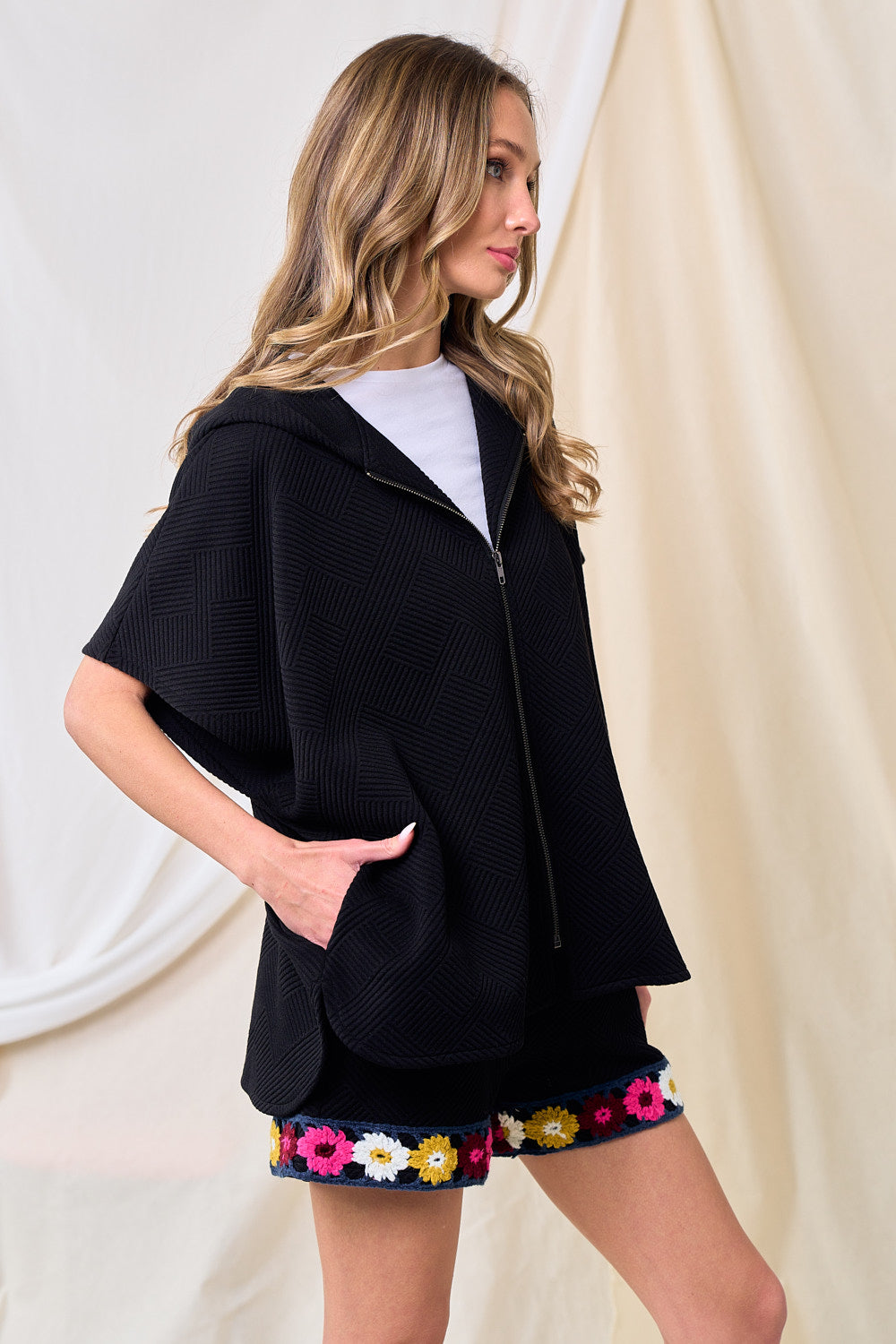 Black Textured Hooded Top