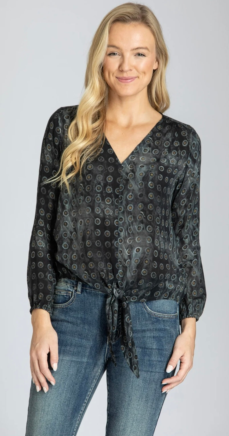 Double Dot Print - V-neck Tie Front Top