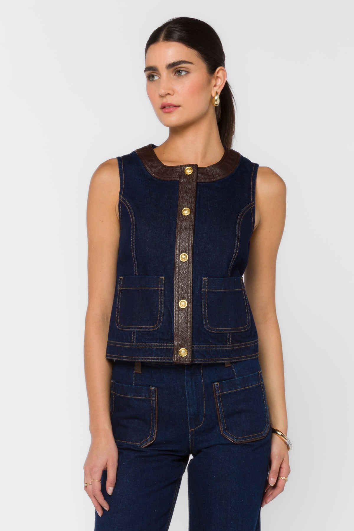 Denim Vest Trimmed with Leather