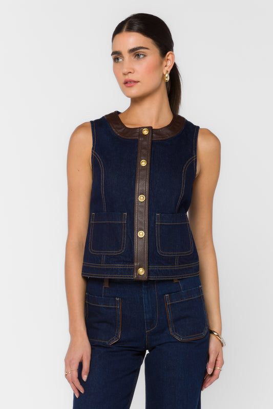 Denim Vest Trimmed with Leather