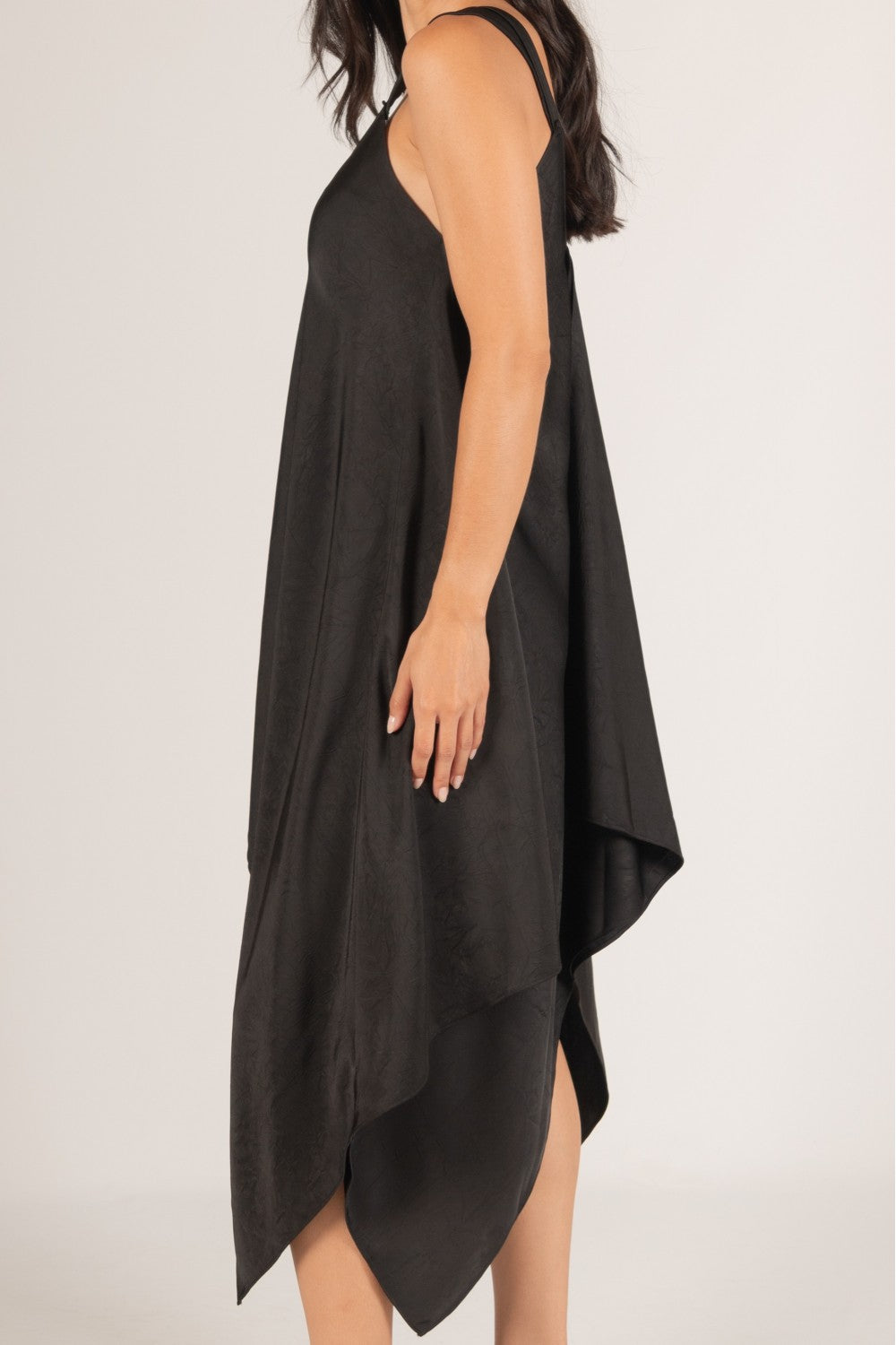 Textured Satin V-Neck Sharkbite Hem Dress