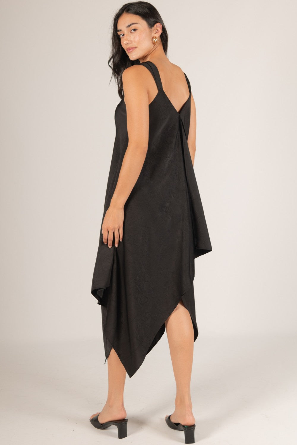 Textured Satin V-Neck Sharkbite Hem Dress