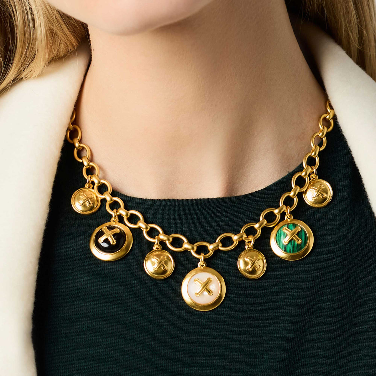 Essex Charm Necklace Multi Stone 24K Plated, Imported Glass, Mother Of Pearl, Reconstituted Stone