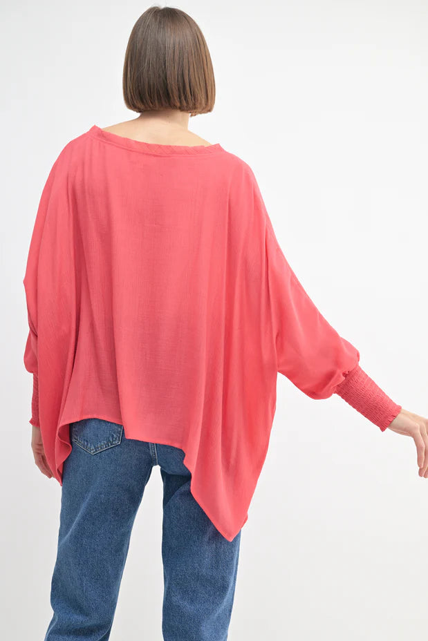 Oversized Top with Smocked Cuff Sleeves