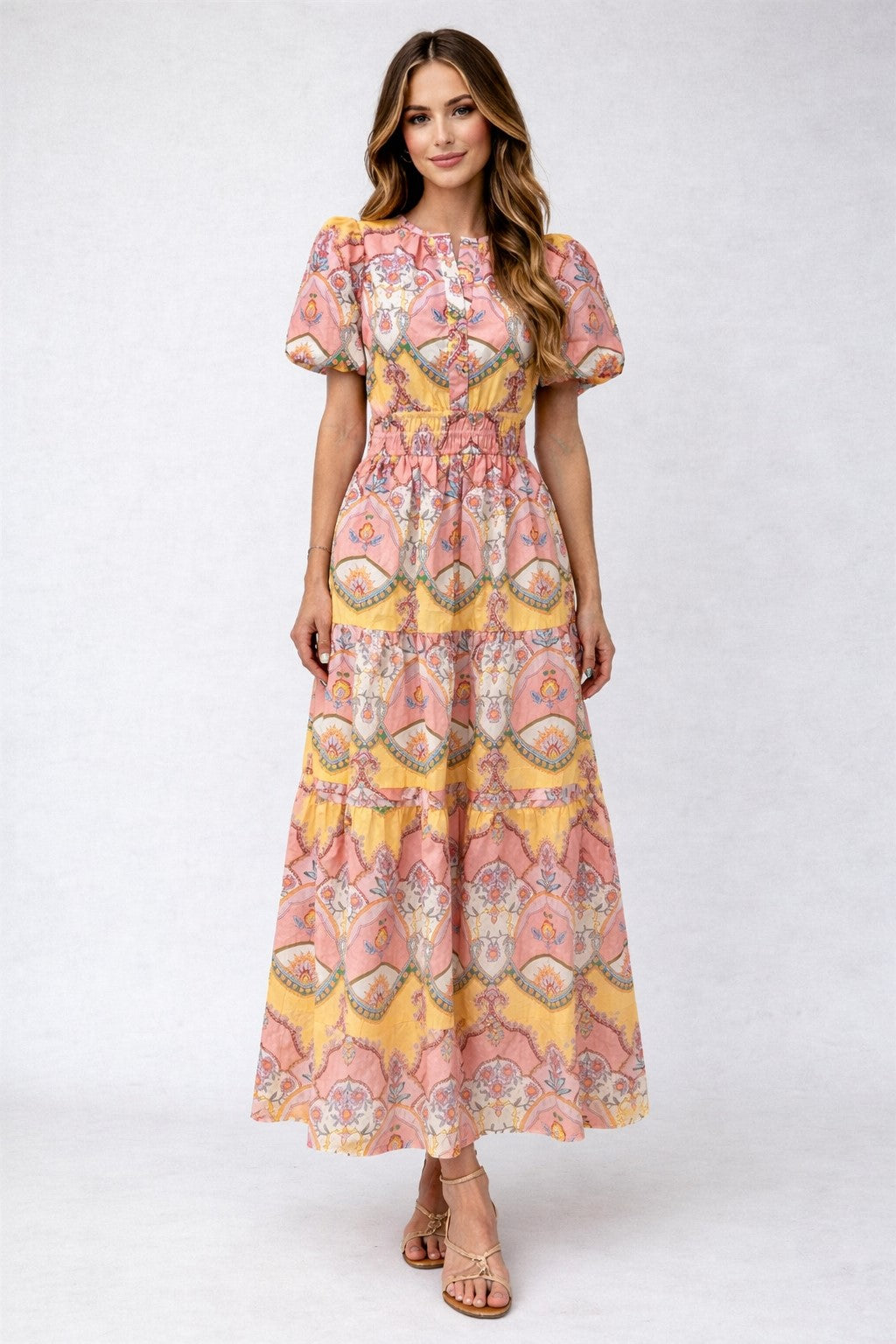 Floral Split Neck Gathered Maxi Dress