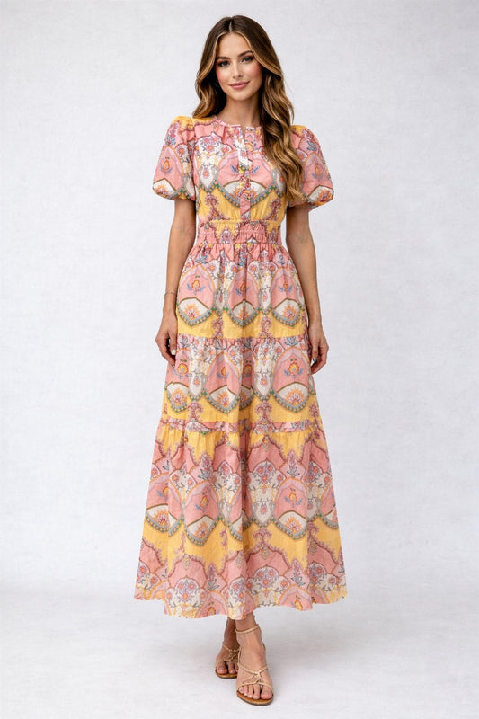 Floral Split Neck Gathered Maxi Dress