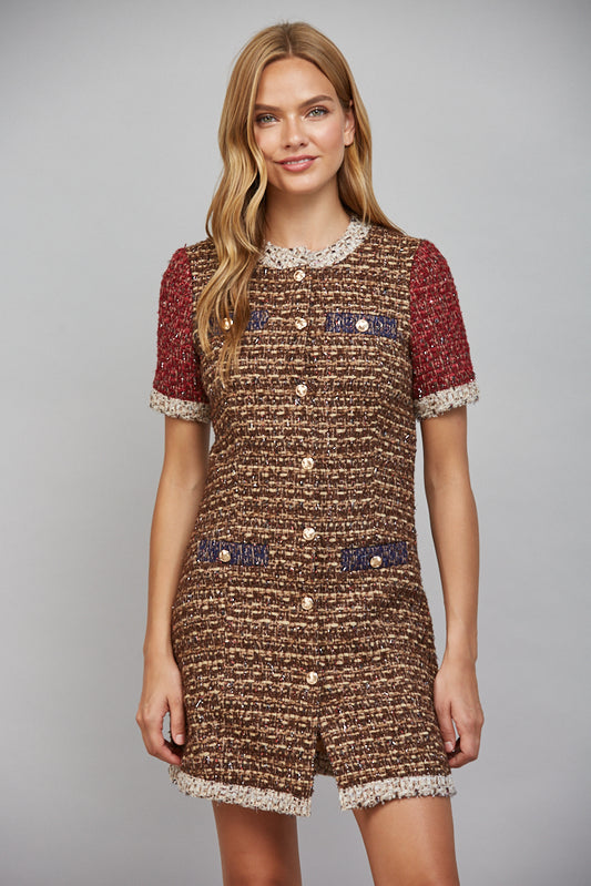 Mixed Tweed Dress w/ Contrast Trim