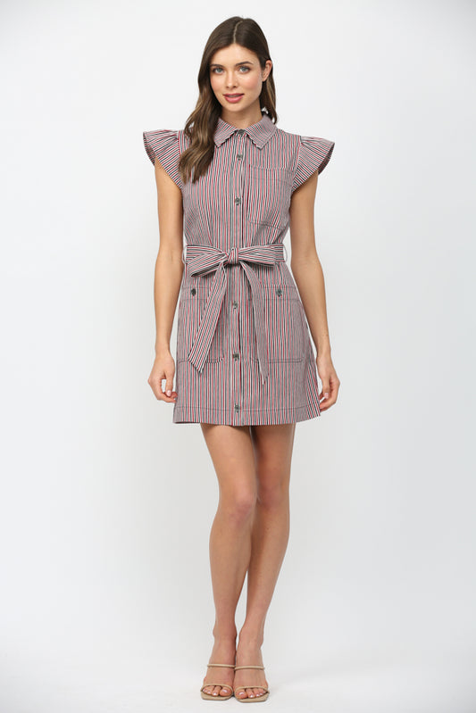 Button  down Dress W/ Ruffle Sleeve and Sash