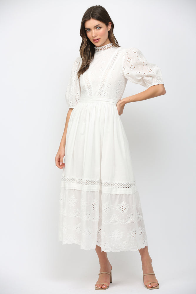 Laced Trimmed Mock Neck Eyelet Dress