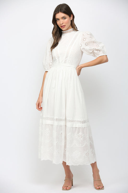 Laced Trimmed Mock Neck Eyelet Dress