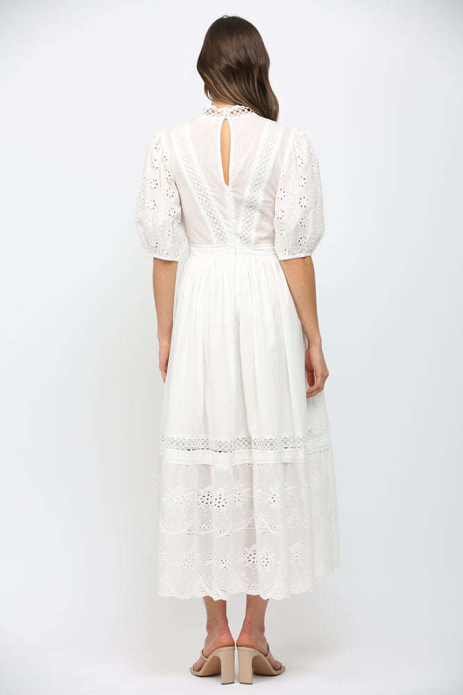 Laced Trimmed Mock Neck Eyelet Dress