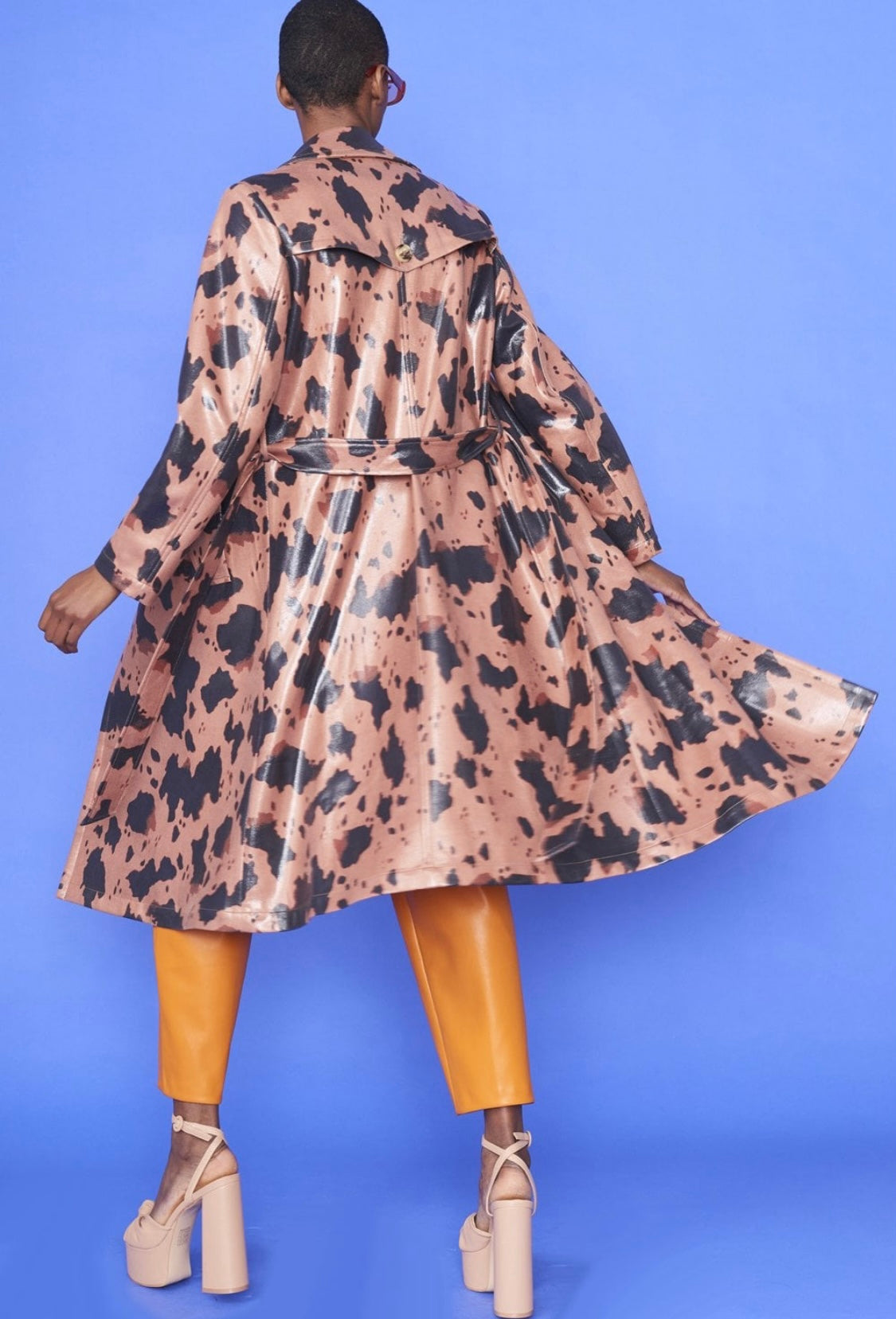Faux Leather Shimmer Cow Print Trench Coat
