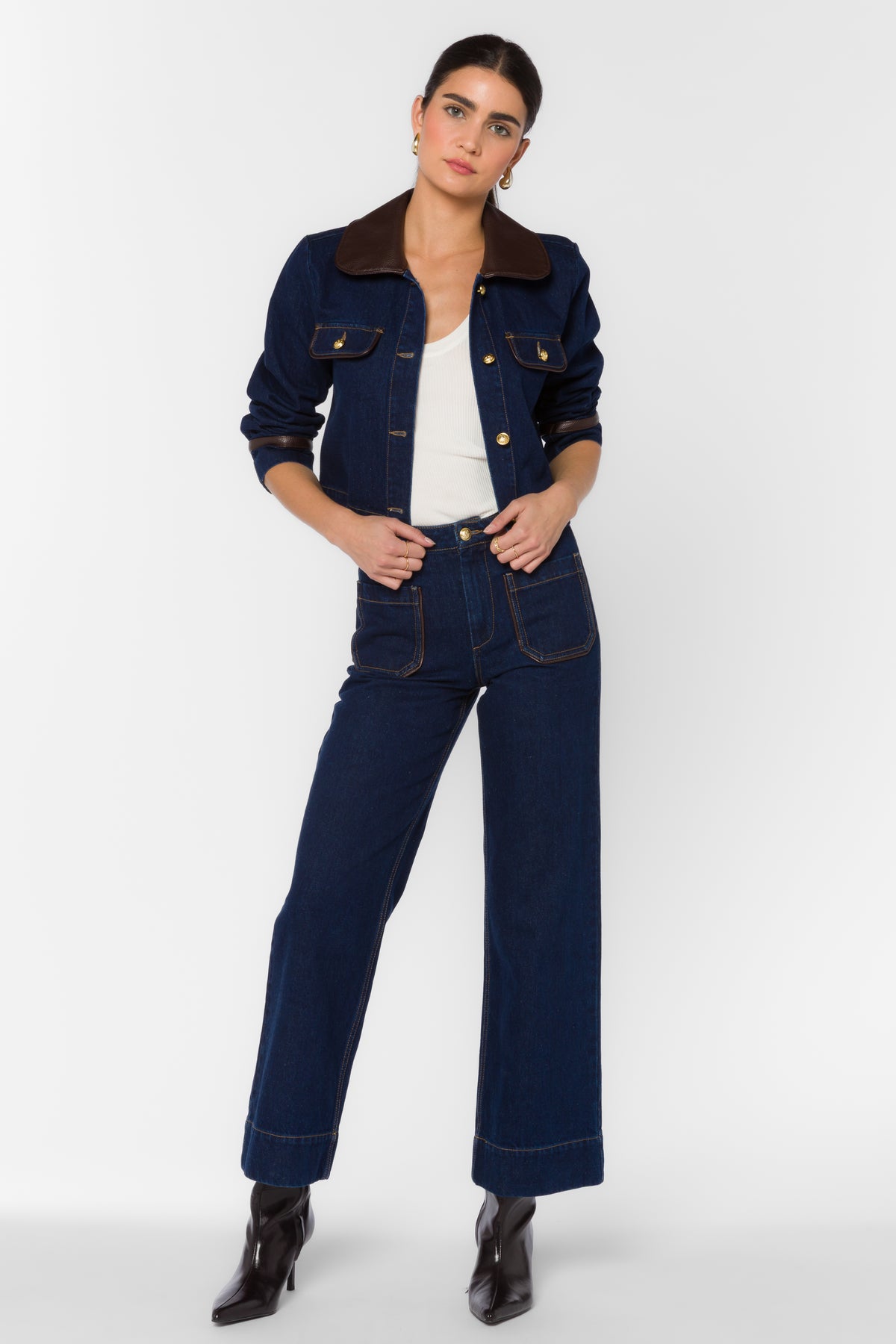 Wide Leg Jean Leather Trimmed