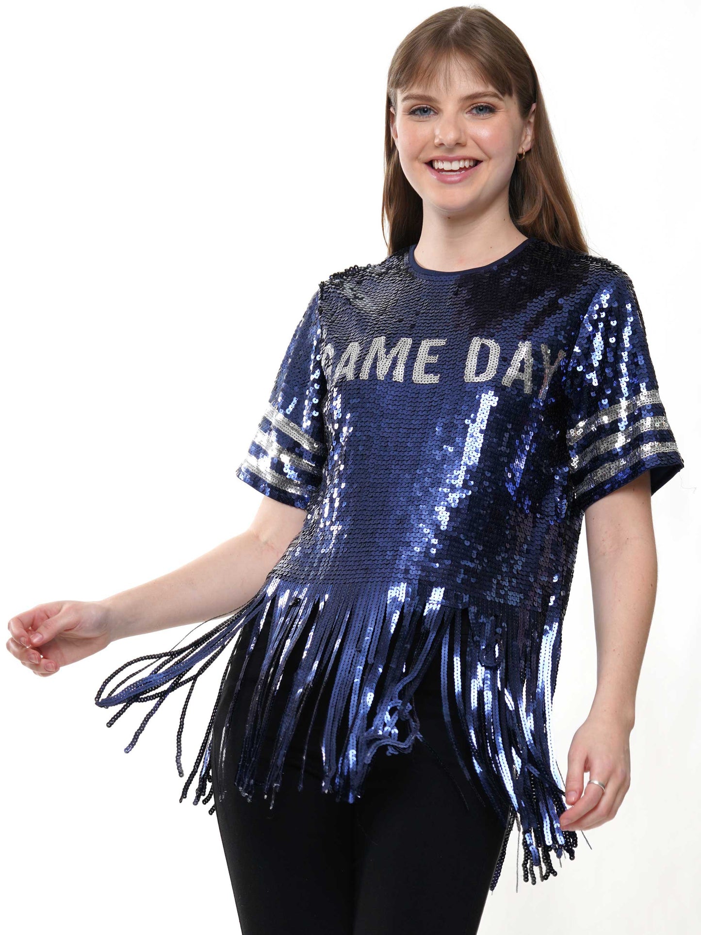 Game Day Blue Sequin Fringe Short Sleeve Top