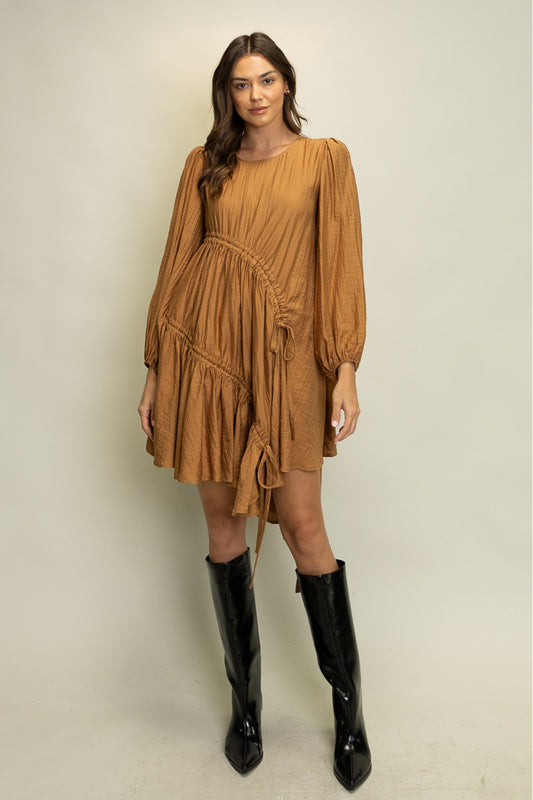 Asymmetric Drawstring Ruched Mini Dress