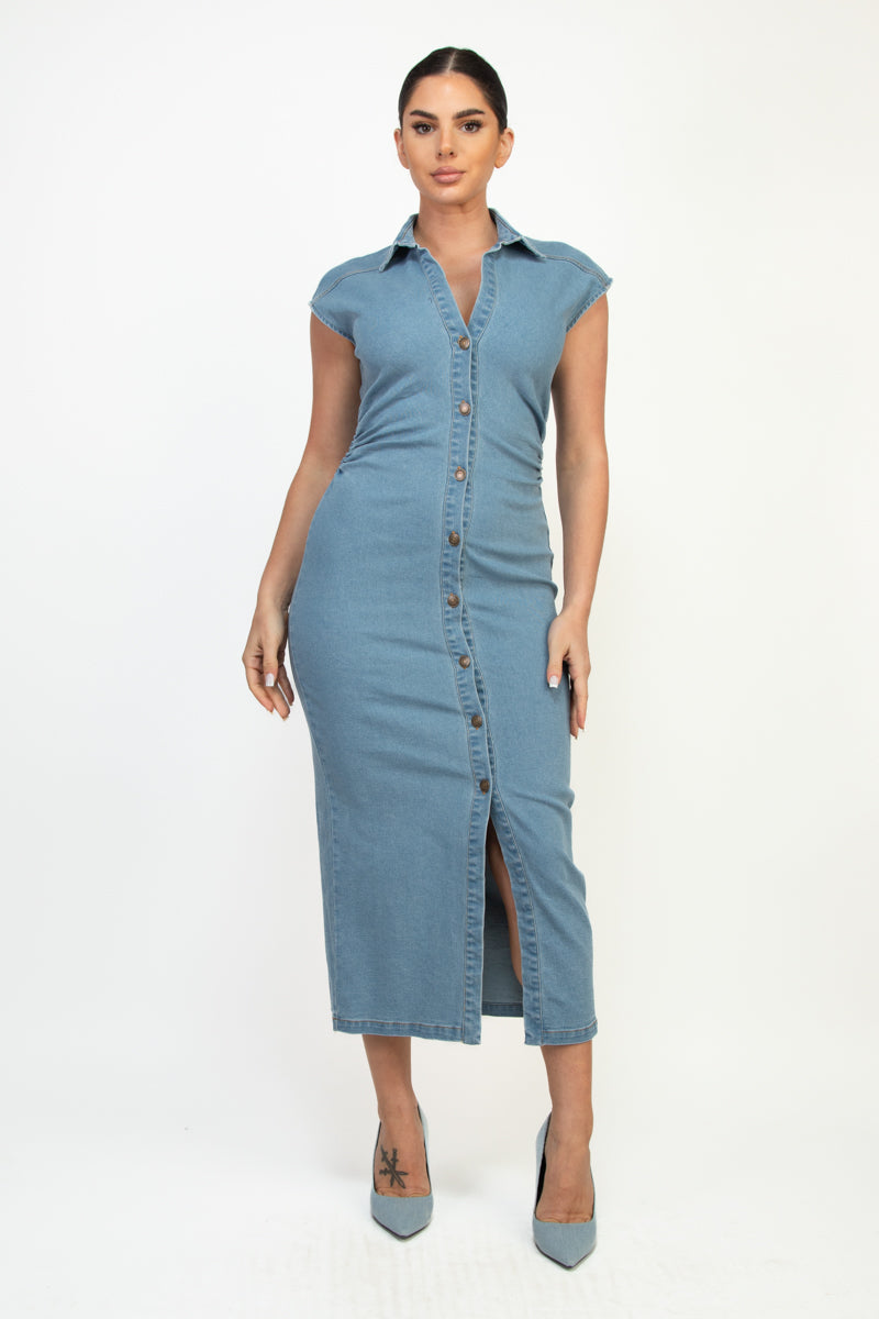 Light Denim Waist Shirring Midi Dress