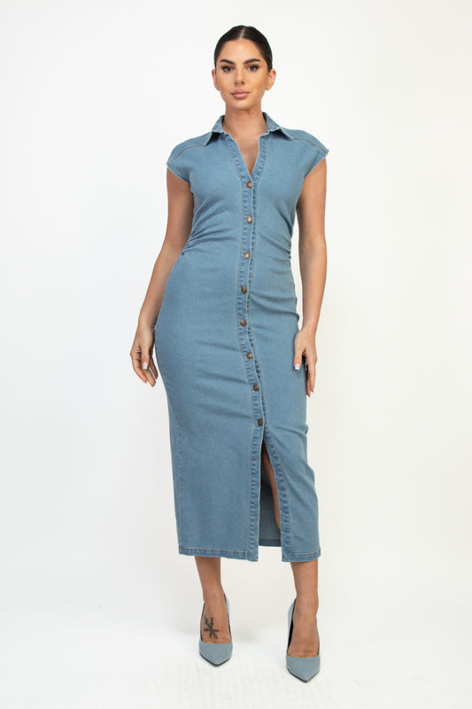 Light Denim Waist Shirring Midi Dress
