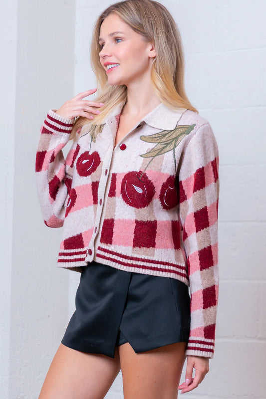 Cherry Scaloped Button Up Sweater Top