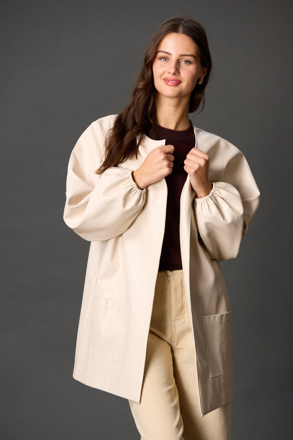 Faux Leather Billowy Sleeve Jacket