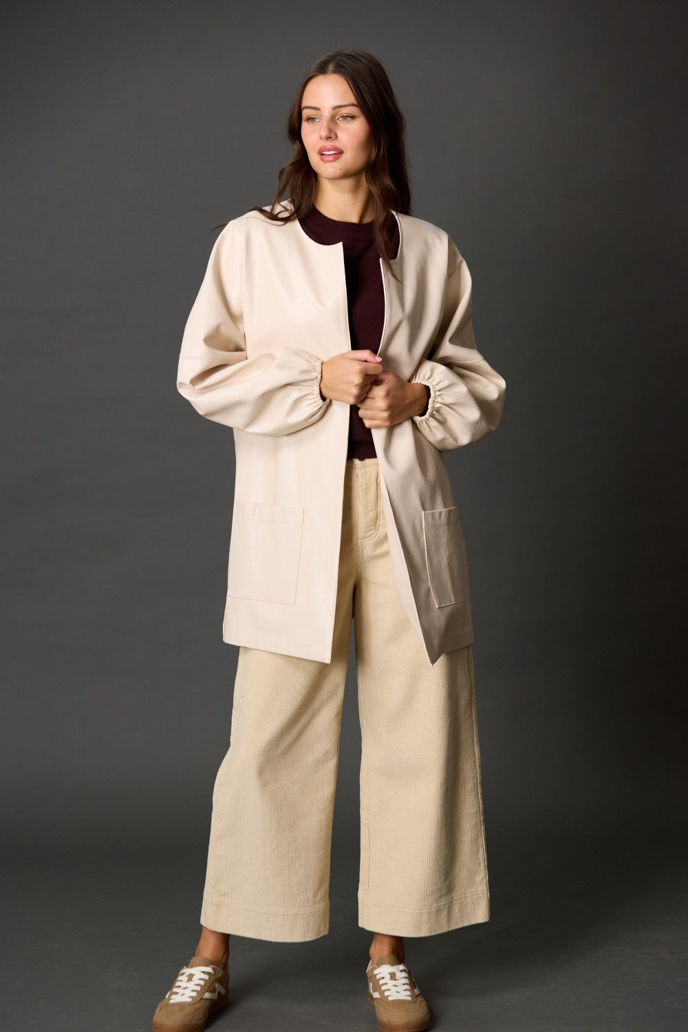 Faux Leather Billowy Sleeve Jacket