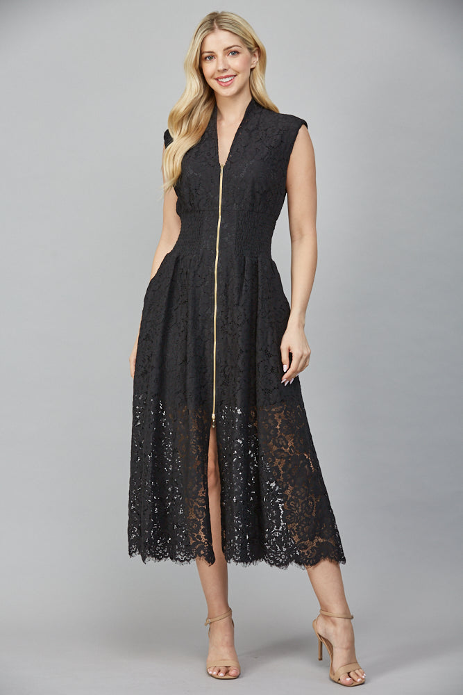 Front Zip Sleeveless Lace Dress