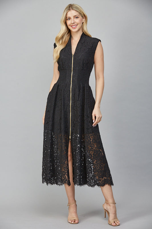 Front Zip Sleeveless Lace Dress