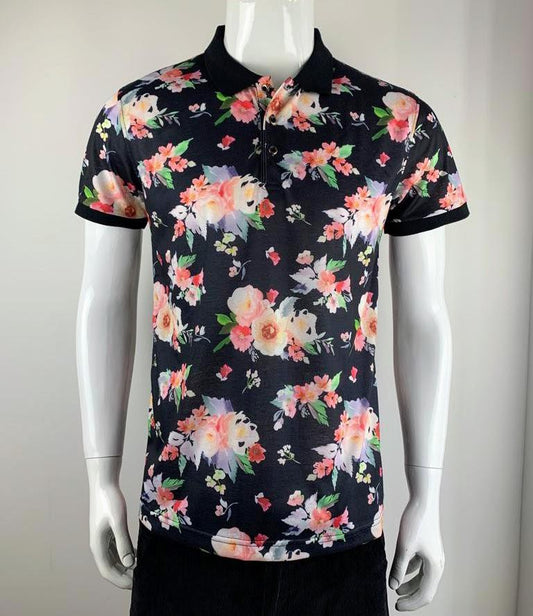 Men's Black Floral Print Polo