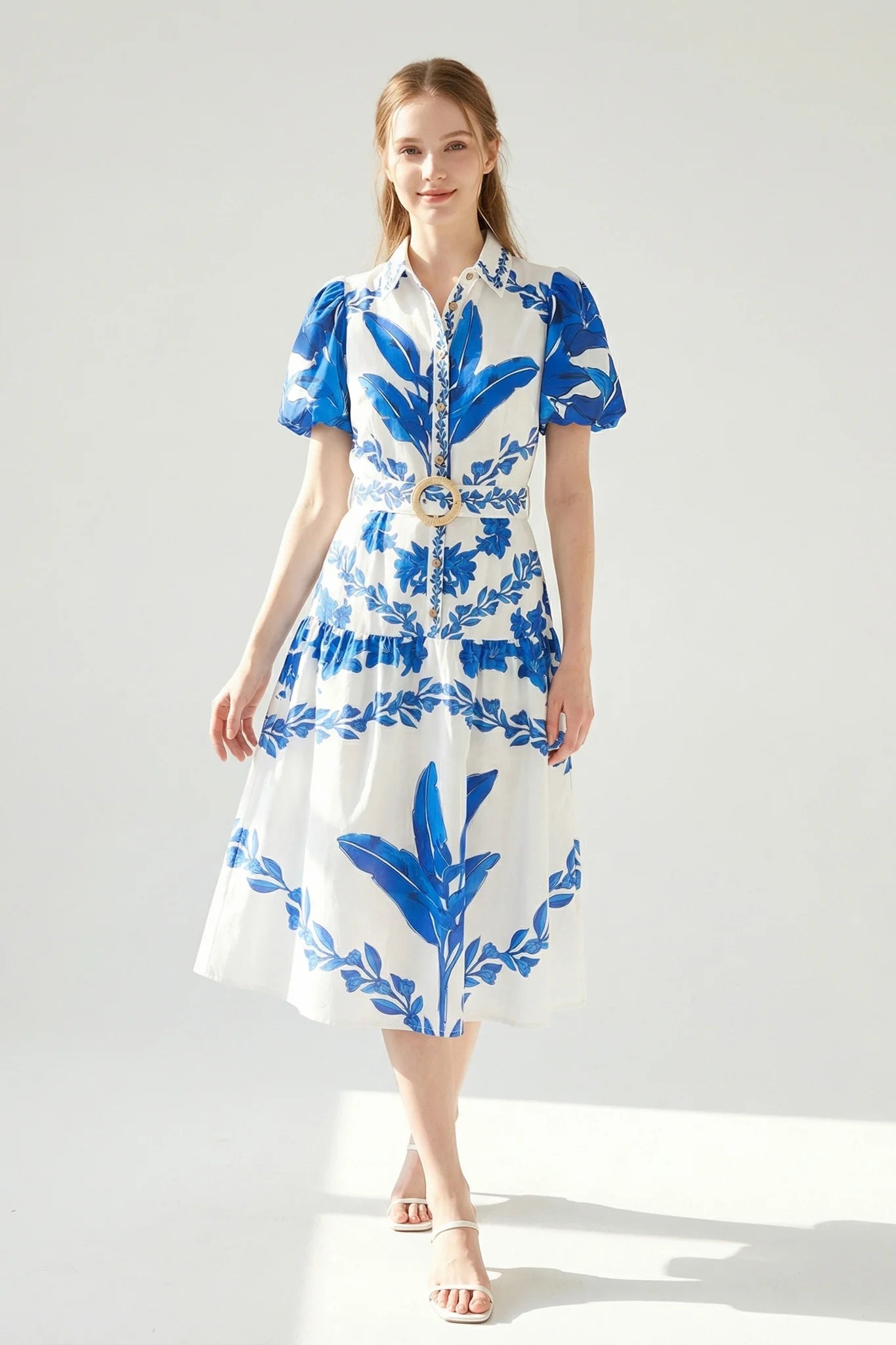 Floral Leaf Print Midi Royal & Dress