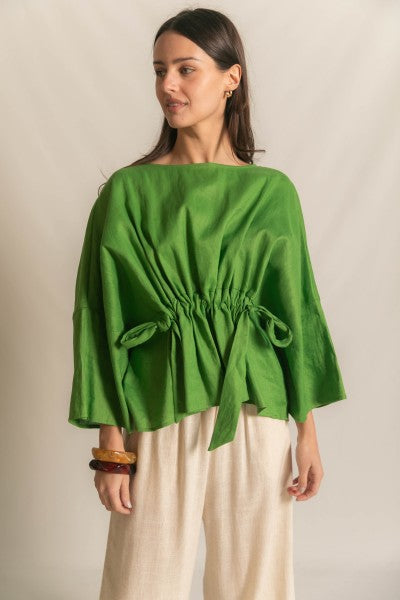 Linen Half Sleeve Waist Tie Top